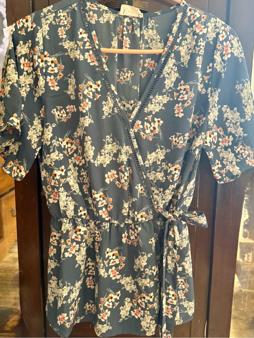 Sienna Sky Slate Blue Floral Wrap Mini Dress